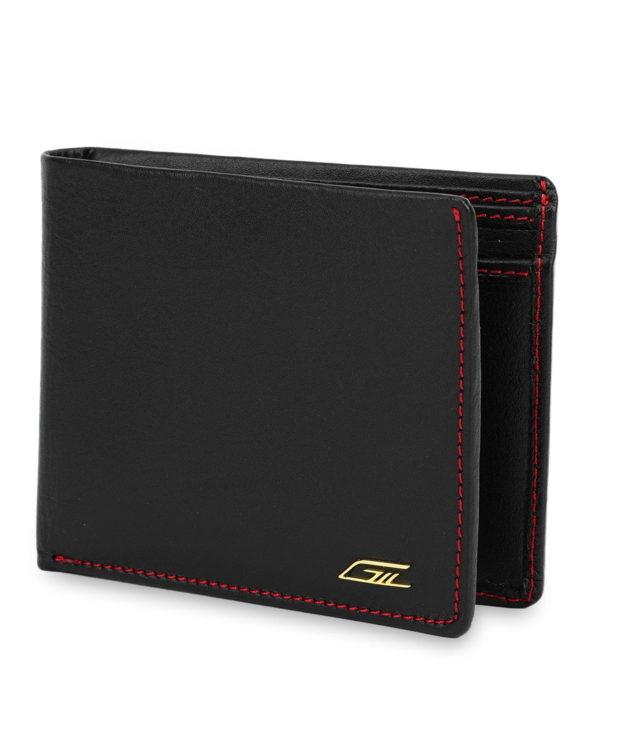 GIL Men's Bifold Leather Wallet with RFID | Black Full-Grain Leather | Red Stitching