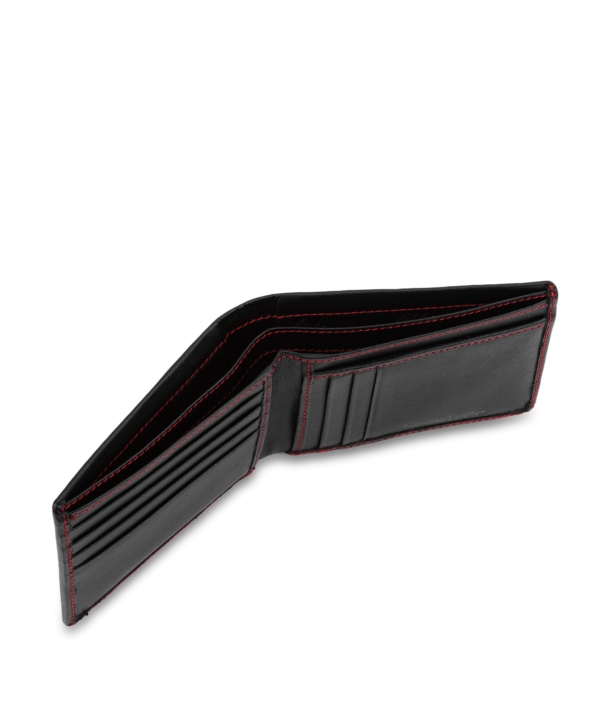 GIL Men's Bifold Leather Wallet with RFID | Black Full-Grain Leather | Red Stitching