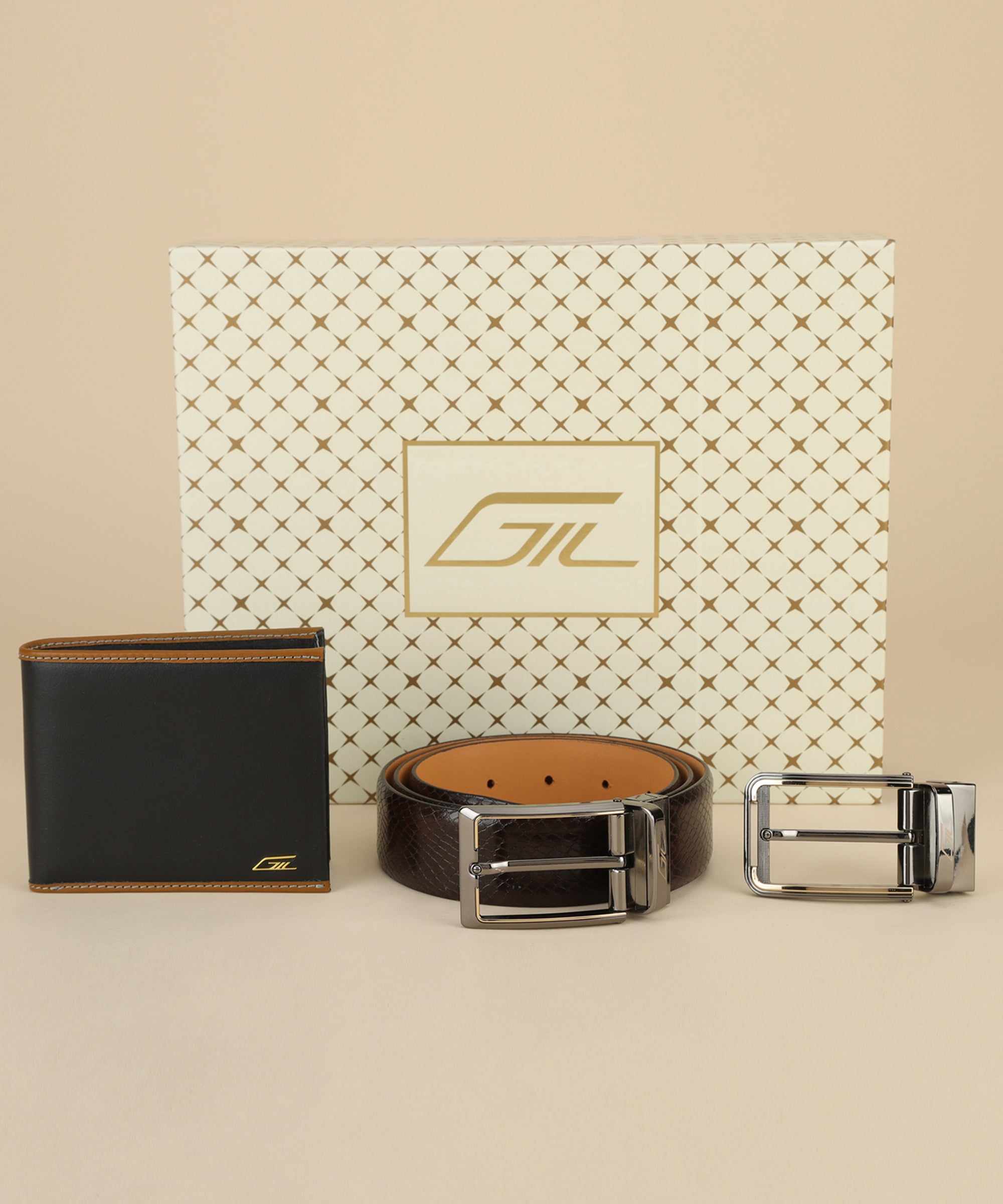 Tan Leather Belt, Wallet & Keychain Combo