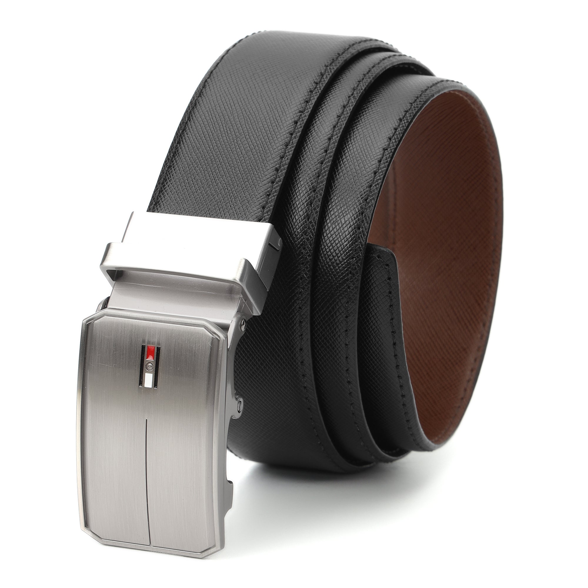 GIL Men's Reversible Auto-lock Leather Belt Saffiano Wrinkle-free Leather