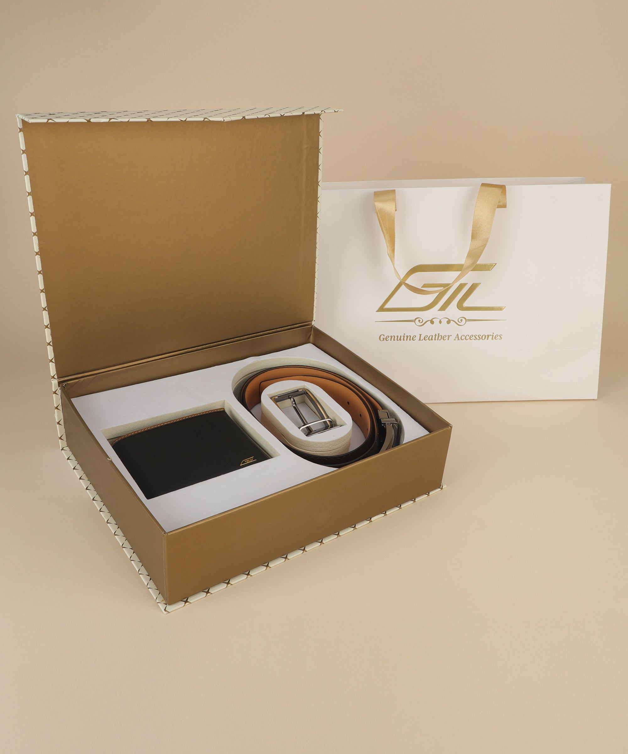 Tan Leather Belt, Wallet & Keychain Combo