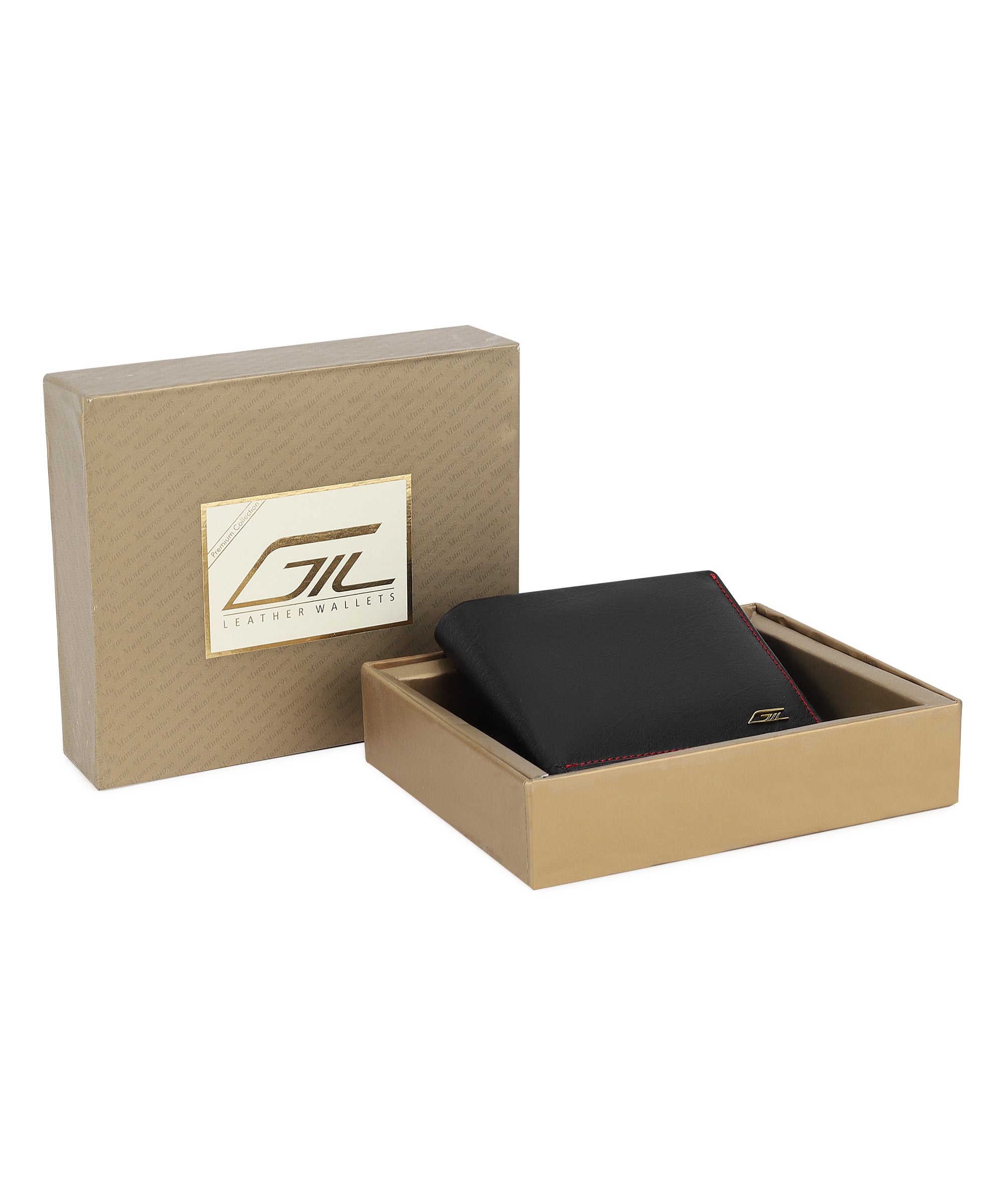 GIL Men's Bifold Leather Wallet with RFID | Black Full-Grain Leather | Red Stitching