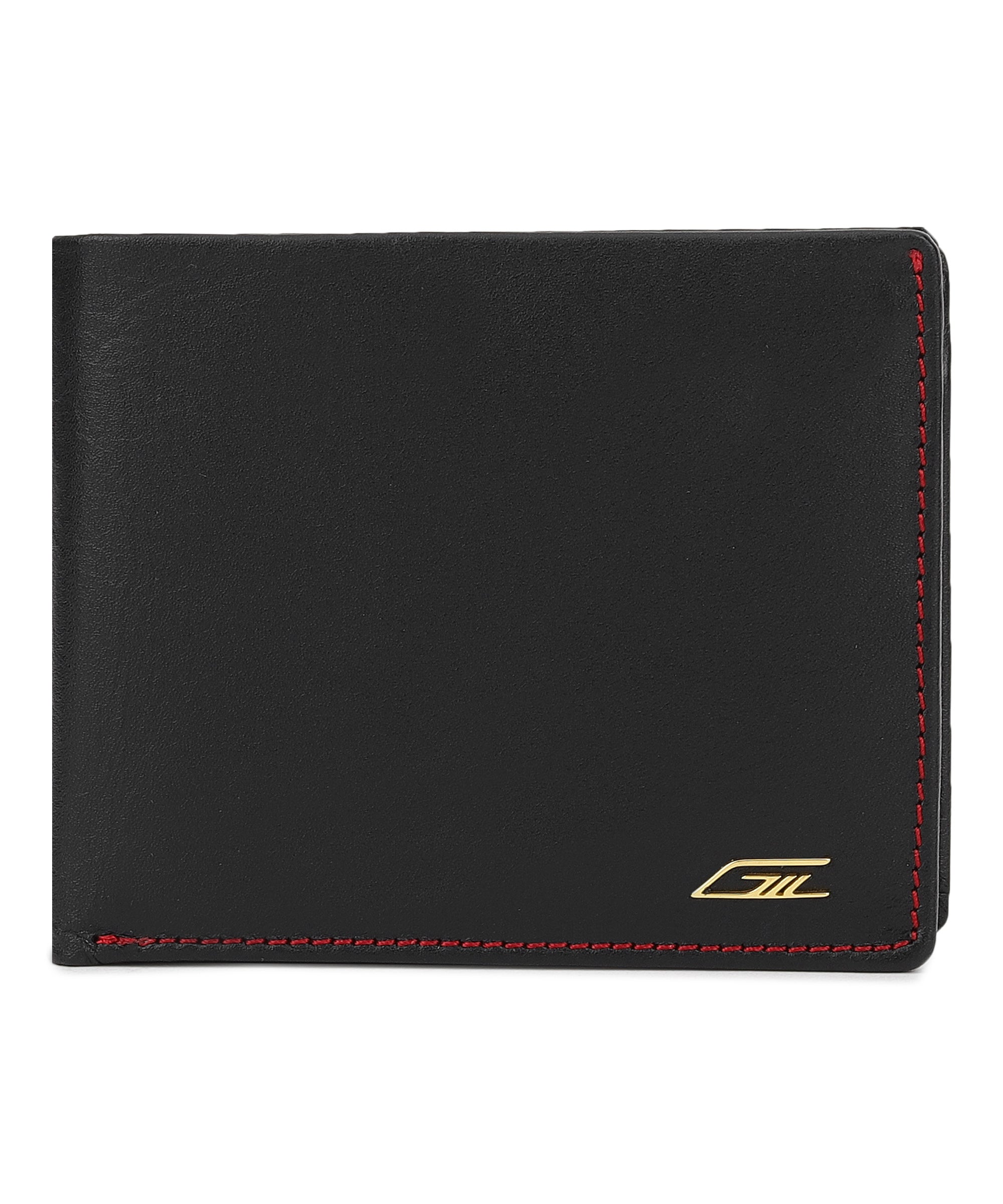 GIL Men's Bifold Leather Wallet with RFID | Black Full-Grain Leather | Red Stitching