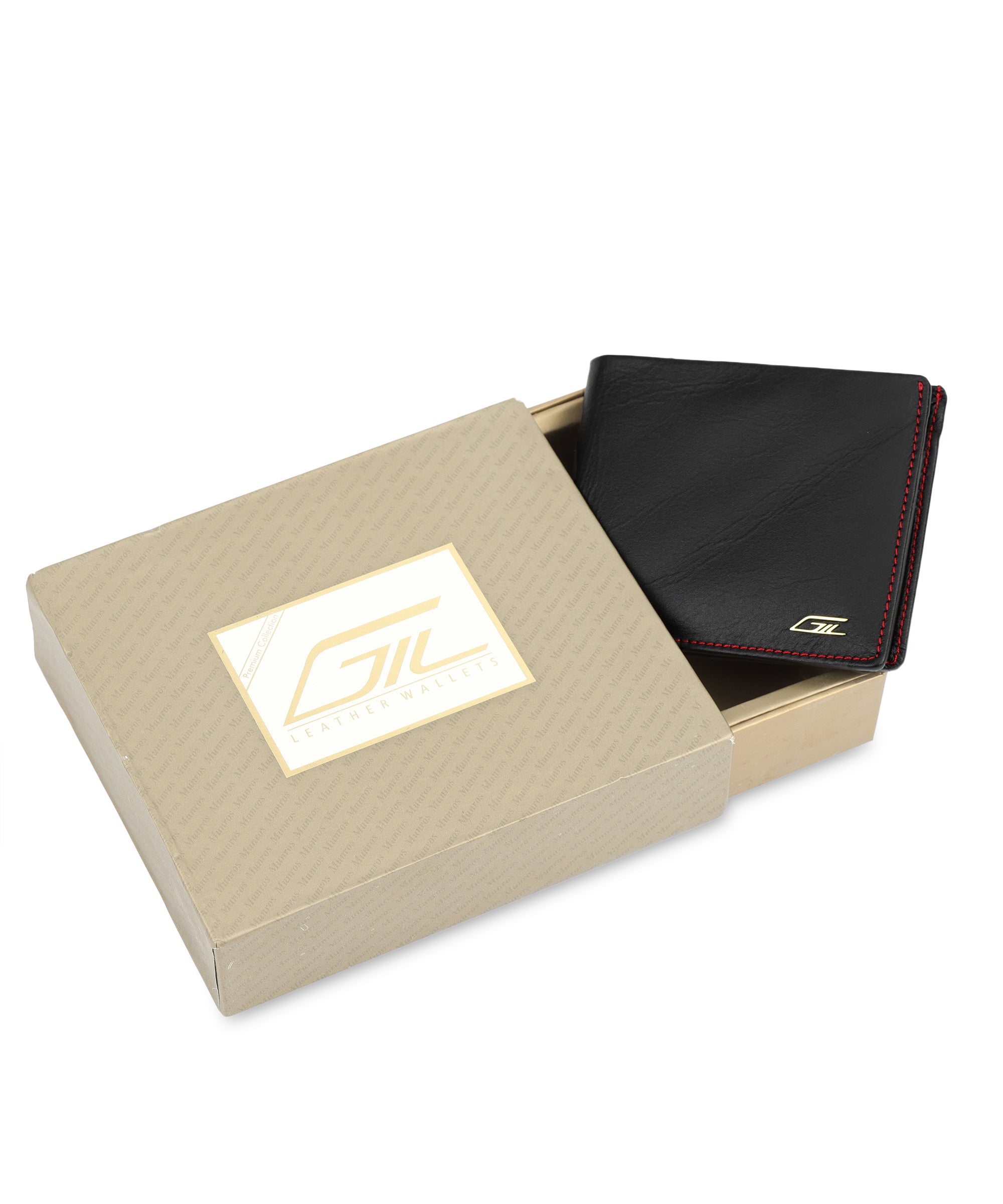 GIL Men's Bifold Leather Wallet with RFID | Black Full-Grain Leather | Red Stitching