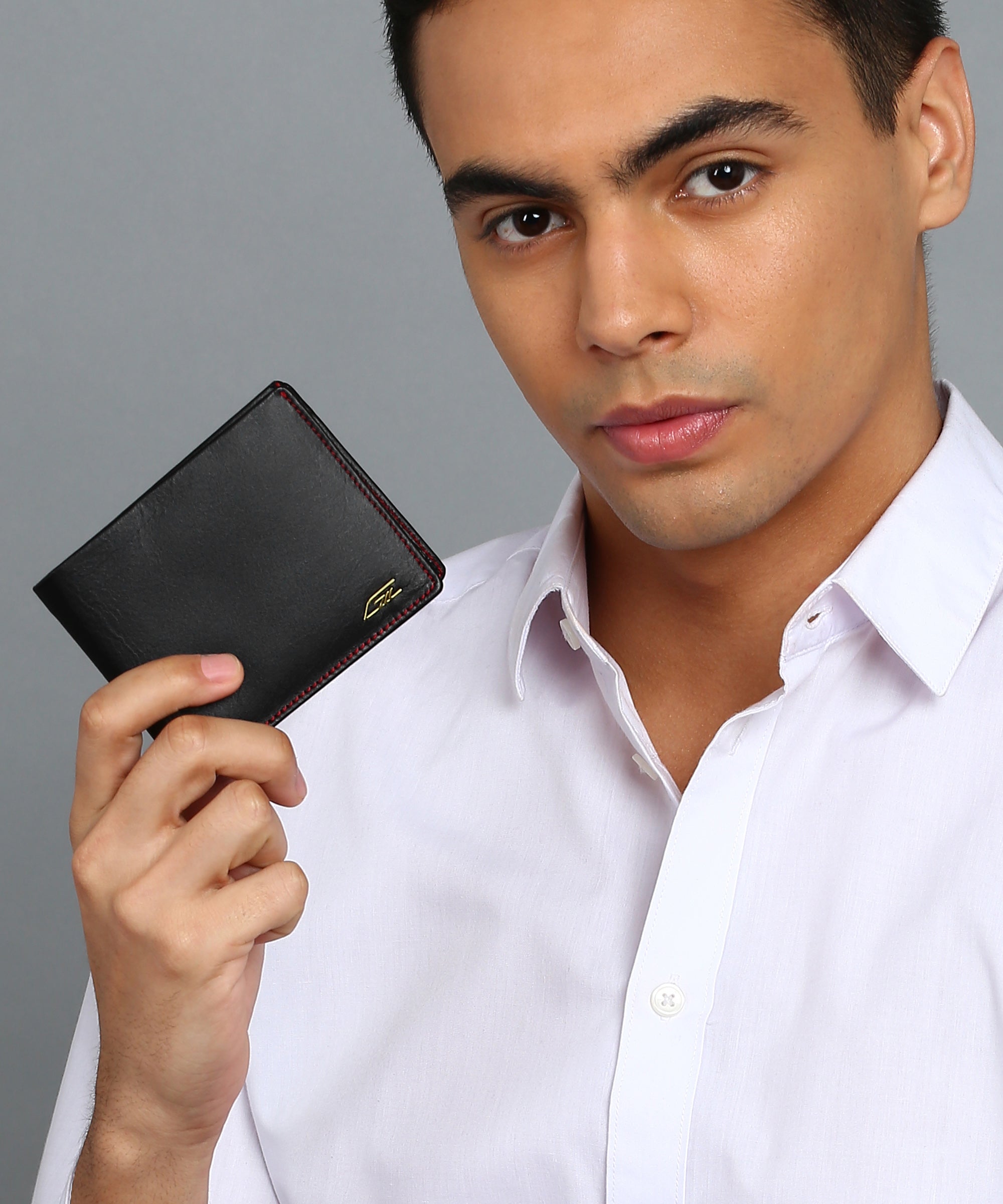 GIL Men's Bifold Leather Wallet with RFID | Black Full-Grain Leather | Red Stitching