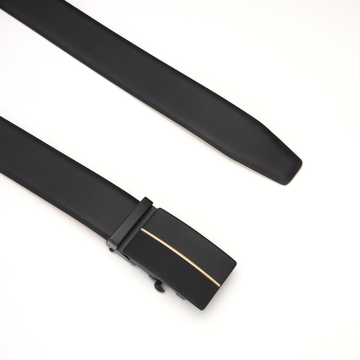 GIL men's black leather belt showing the auto-lock buckle