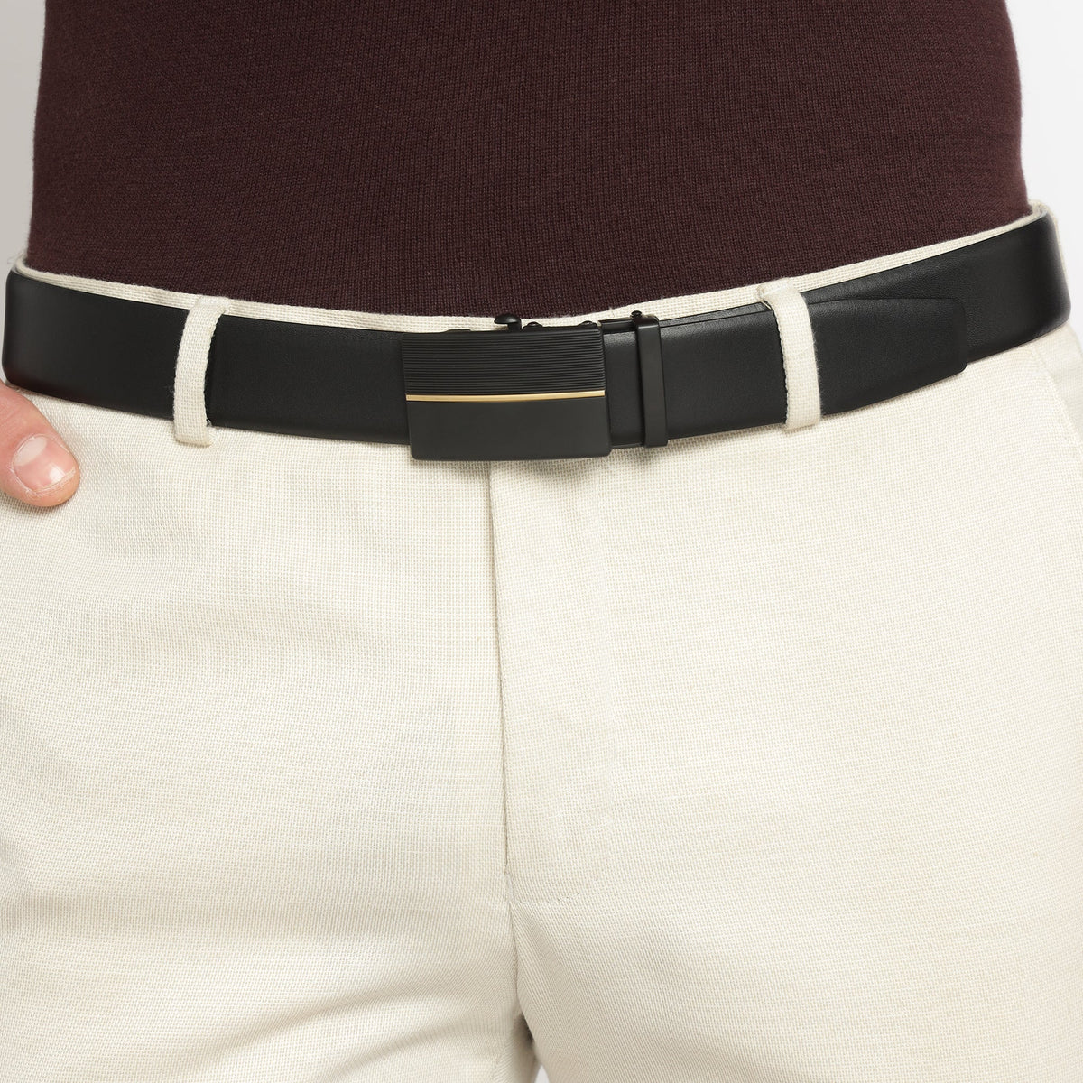 GIL black auto-lock leather belt for men with adjustable fit