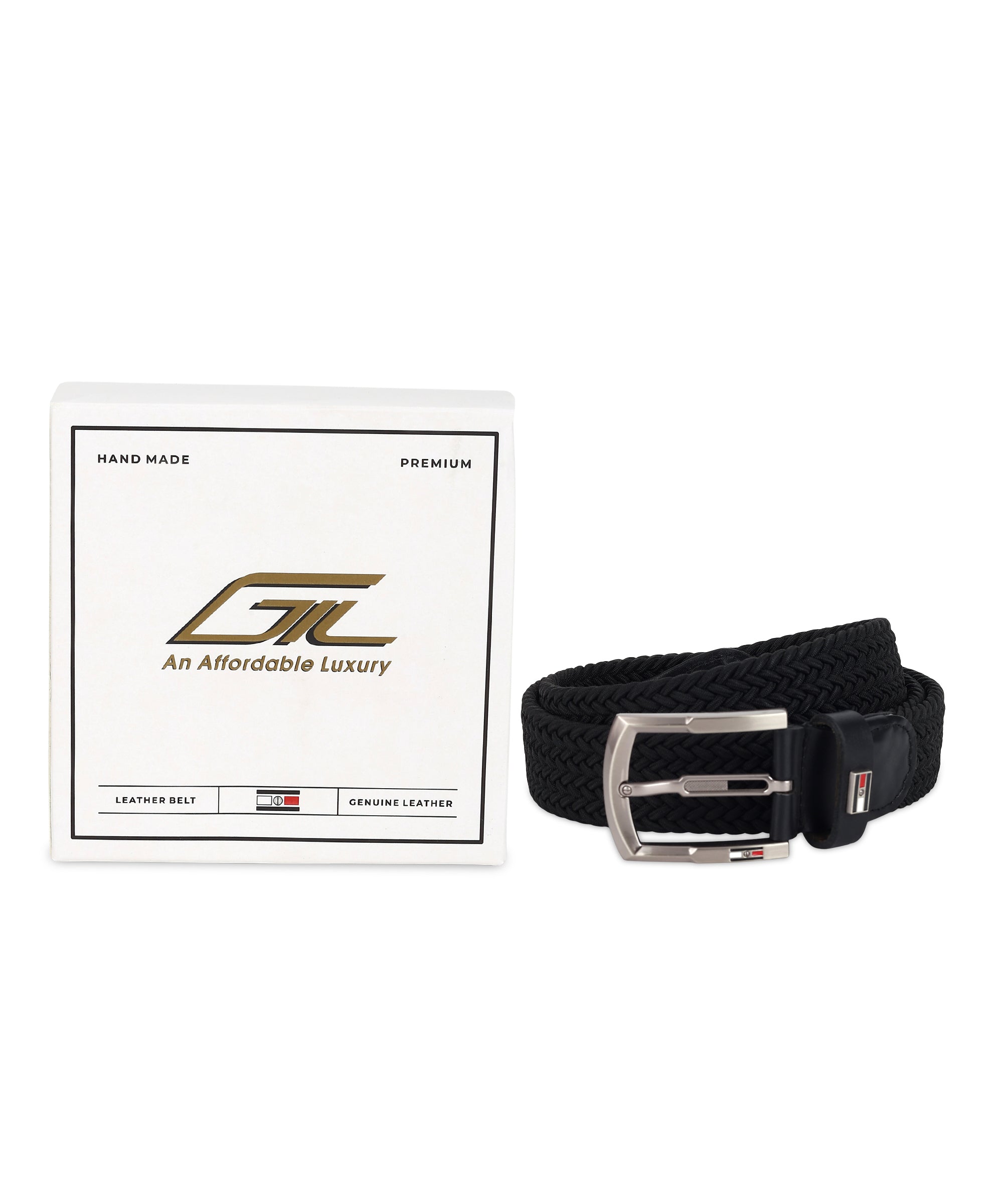 GIL Luxury Black Woven Stretch Men&#39;s Belt with Leather Detailing